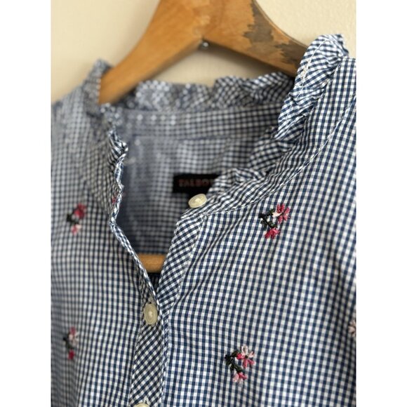 Talbots Floral Embroidered Gingham Blue White Check Roll Tab Sleeve Shirt Large - Picture 4 of 11